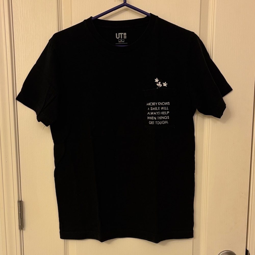 Uniqlo Black Tee with Mickey Mouse Pocket Design